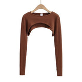 Sweet Spicy Wind Long Sleeves Super Short-Sized Hoodie Women's Spring And Autumn New Round Collar Solid Color T-Shirt Sleeves Outside The Hooded Tide
