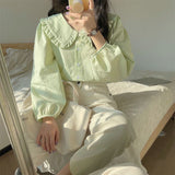Spring 2025 New Doll Collar Top Fresh Sweet Loose Version Of The Top Design Feel Solid Color Long-Sleeved Shirt Woman