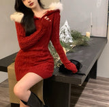 Pure Hot Girl Hooded Knitted Dress Women 2025 Autumn And Winter New Thickened Waist Long Sweater Skirt