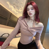 Pure Lust Lace Sexy Long-Sleeved Neck T-Shirt Girl Spring And Autumn Shoulder Temperament Tops Niche Bottom Shirt