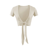 Temperament Pure Style Outside The Strap Shawl Short-Sleeved T-Shirt Girl Summer Hot Girls Folded Casual High-Waist Dance Tops