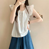 Dopamine Crane In Blue Design Small Flying Sleeve Shirt Women Summer Loose Bow Doll Shirt Beauty Top