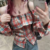Pure Lotus Leaf Side Collar Plaid Shirt Long-Sleeved T-Shirt Girl Spring Autumn Short Hottie Shirt