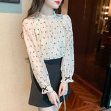 Spring And Autumn French Slimy Flowers Half High Collar Outside Wearing A Shirt Lady Shirt With Long-Sleeved Top Temperament Elegant
