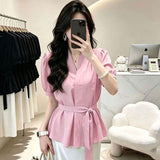 French Irregular V-Neck Short-Sleeved Shirt Women Summer New Waist Thin High-End Feel Tied Shirt Women's Top