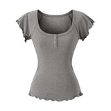 Korean Niche Design Sense U-Neck Short-Sleeved T-Shirt Women 2026 Summer New Button Lace Slime Top Tide