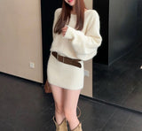 French Medium And Long Oblique Shoulder Knitted Dress Women's Autumn And Winter New Waists Thin Inside The Bottom Of The Ass Skirt