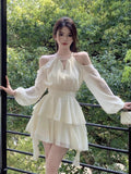 French White Long-Sleeved Dress Fairy Summer Fairy Harvest Waist Chiffon Skirt Lotus Leaf-Side Cake A-Word Skirt