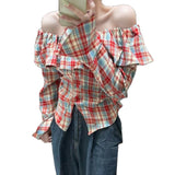 Pure Lotus Leaf Side Collar Plaid Shirt Long-Sleeved T-Shirt Girl Spring Autumn Short Hottie Shirt