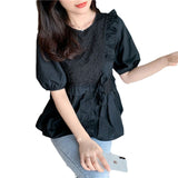 2025 New Short-Sleeved Women Design Sense Small-Age Small Shirt Bubble Sleeve Chiffon Clothes Small Fragrant