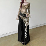 Net Yarn Dyed Lotus Leaf Side Collar Long-Sleeved T-Shirt Girl Blouse Spring Autumn Hot Girl Body Irregular