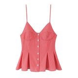6013-2025 New Women's Dress V-Neck Buckle Solid-Colored Folded Slings Top Women's Style