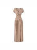 Tall Temperament Sexy V-Neck Lace To Receive Waist Short-Sleeved Dress Women's Small Pure Desire To Swing Long Skirt