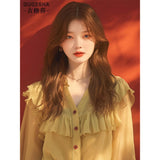 Yellow Lotus-Leaf-Side V-Neck Shirt Women's Autumn Pop Chic Niche Design Top Elegant Chiffon Shirt