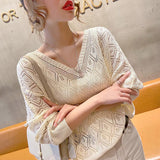 Spring 2025 Spring V-Necked Crochet Knitted Shirt Women Loose Thin Loose-Fitting Short Top