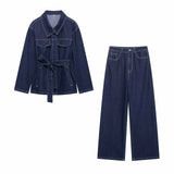 Spring And Summer New Women's Women's Belt Lap Tie Denim Coat Wide Leg Trousers