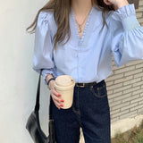 V Collar Wood Ear Soak Sleeve Shirt Female Spring And Autumn Temperament Korean Chic Top Elegant French High-End Feel Top