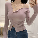 Twisting Pink Button Design Cardigan Body Thin Shoulder Slings Irregular Coat Long-Sleeved Women's T-Shirt Thread