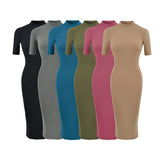 Simple High-End Temperament Half-High-Necked Mid-Sleeve Dress Woman Body Bottom After The Fork Bag Dress