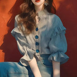 Small Unique Blouse Bubbled Up In The Oceanic Chic Chic Super Nice Striped Lotus Leaf Side Shirt French Lazy Shirt