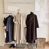 Fashion Suit Women's Autumn And Winter Lazy Loose Knitted Long Shawl Cardigan + High-Neck Sweater + Half-Dress Three-Piece Set