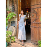 French Gentle Wind Sweet Age To Reduce The Field Wind Broken Flower Dress In The Long Temperament Square Lotus Leaf Side Skirt