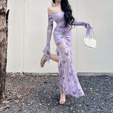 2025 New Chinese-Style Shoulder Mesh Long-Sleeved Dress Women Autumn Sexy Body-Body-Bum Bag Fishtail Dress