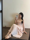 Sweet And Pure-Style Pink Lace Spliced Sling Dress Female Student Summer Design Feel Waist-Covered Dress