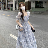 Chiffon Gentle Style French Orange Tnut Dress 2025 Summer Temperament Fairy Super Fairy Waist Square Collar Broken Flower Dress