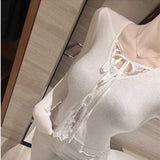 South Korea's Spring And Autumn New Temperament Pure Lust Lace Splicing Top Match Two Long-Sleeved Knitted T-Shirt Girl Ins