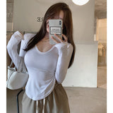 U Collar Open Fork Round Curd Under The Hem T-Shirt T-Shirt Throng Show Stature Big And Small Sexy Hot Babes Blouse Girl Autumn