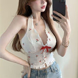 French Idyllic Cherry-Print Bow V-Neck Hanging Neck Sling Pure Sweet Hot Sexy Back Dress Woman Summer