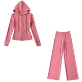 Relaxing Deheder Red Sports Set Long Sleeved Hooded Zippered Coat Lazy Loose Drawn Legs