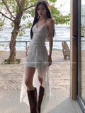 French Lace V-Necked Dress Women's Summer Vacation Irregular Dress White Beauty Mid-Rise Dress