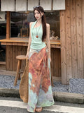 Seaside Holiday Style Suit Unique To The Folded Vest Women Summer Vintage Tie-Dye Skirt Skirt Two-Piece