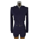 South Korea's Spring And Autumn New Pure Desire Tight Body Short Hooded Jacket Elastic Bag Hip Shorts Two Sets Of Women