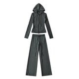 Hooded Yoga Zipper Coat Women 2026 Spring And Autumn New Solid Dress + Rope Straight Trousers Set