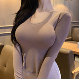 U Collar Open Fork Round Curd Under The Hem T-Shirt T-Shirt Throng Show Stature Big And Small Sexy Hot Babes Blouse Girl Autumn