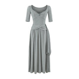 French Temperament Kinesiky Mid-Sleeve Dress Women Summer Waist Splicing Design Pure Luster Collar Ribbon Long Skirt