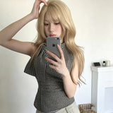 Korean Tie With Check-In Neck Vest Women's Sleeveless T-Shirt Summer Pure Want To Repair Hot Girls