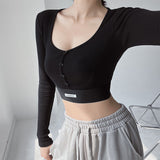 Sexy Tight Slim Short-Envesting Long-Sleeved T-Shirt Girl Single-Dbutton Label-Necked V-Necked Bottom Shirt