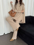 Autumn And Winter Fashion High-End Lazy Wind Bat Sleeve Loose Knitted Sweater + Sleeve + Broad Leg Pants Three-Piece Set