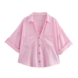 Summer New Women's Fashion Casual Single-Dbutton Short-Sleeved Collar Shirt 2187572