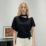Pure Desire To Tie With Slanted Short-Sleeved T-Shirt Women's Summer Repair Body Hottie To The Waist Korean