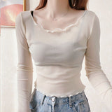 2025 New Wooden Ear-Side Short Mesh Jersey Women's Big Round Neck Thin Sling Skirt Lace Top