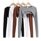 Sweet Spicy Wind Long Sleeves Super Short-Sized Hoodie Women's Spring And Autumn New Round Collar Solid Color T-Shirt Sleeves Outside The Hooded Tide