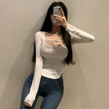 Spring And Summer New Temperament Slim Square Hollow Design Feeling Han Linen Long Sleeves And Bottom Shirt T-Shirt Woman
