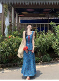 Seaside Holiday Wind Blue Broken Flowers Hanging Dress Women Spring New Small Luxury Waist Thin Long Dress