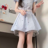 Korean Wearing Summer 2025 New Small Blue Striped Shirt Dress Femininity Waist Skirt