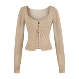 The Bow Tie U-Necked Long-Sleeved Knitted Shirt Women's Spring And Autumn Design Sense Slimming Inside The Elastic Bottom Top
